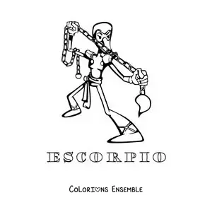 Image à colorier d’un dessin animé du signe du Scorpion avec son nom