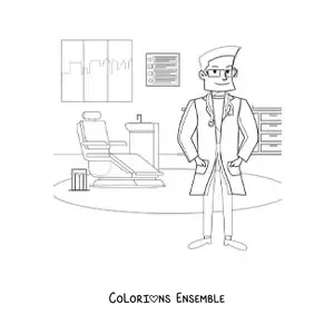Image à colorier d’un dentiste dans son cabinet dentaire