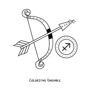 Image à colorier d’un arc et d’une flèche avec le symbole du Sagittaire