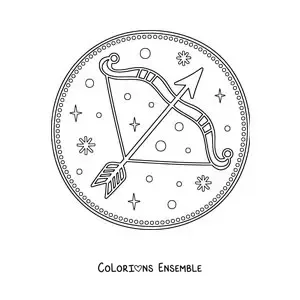 Image à colorier d’un arc du Sagittaire avec des étoiles