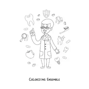 Image à colorier d’un dentiste sensibilisant à l’hygiène dentaire