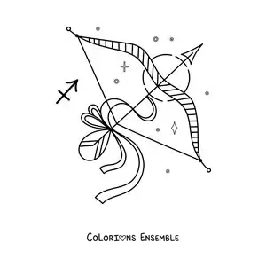 Image à colorier d’un arc et d’une flèche du Sagittaire avec son symbole et des étoiles