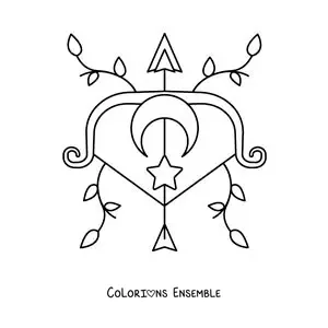 Image à colorier du symbole du Sagittaire animé avec des feuilles et des astres