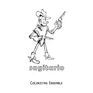 Image à colorier d’un dessin pour enfants d’un cow-boy du signe du Sagittaire avec son nom