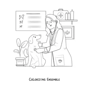 Image à colorier d’une vétérinaire examinant un chien