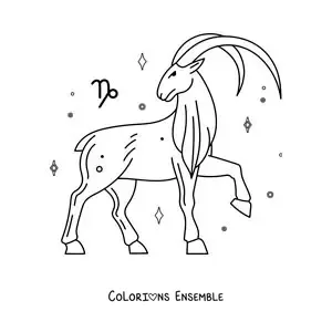 Image à colorier de la chèvre du Capricorne animée avec son symbole et des étoiles
