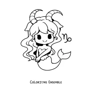Image à colorier d’une fille kawaii animée de la mythologie du signe du Capricorne