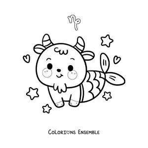 Image à colorier d’une chèvre kawaii animée de la mythologie du signe du Capricorne