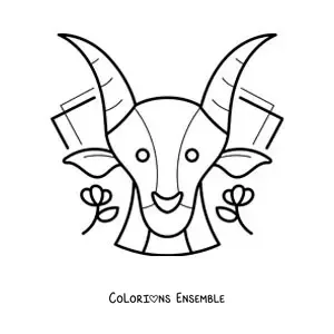 Image à colorier de la chèvre du signe du Capricorne animée avec des fleurs
