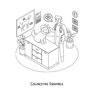 Image à colorier d’un chien et d’un vétérinaire à la clinique