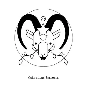 Image à colorier d’une chèvre animée du Capricorne avec des étoiles et des feuilles