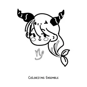 Image à colorier d’une chèvre kawaii animée du signe du Capricorne avec son symbole