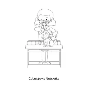 Image à colorier d’une vétérinaire avec un masque examinant un chien