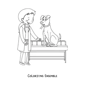 Image à colorier d’une vétérinaire avec un chien sur une table d’examen