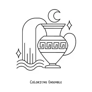 Image à colorier d’une cruche animée du signe du Verseau avec une lune