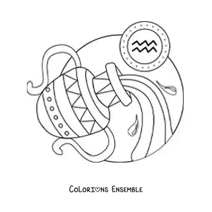 Image à colorier d’une cruche du Verseau versant de l’eau avec son symbole