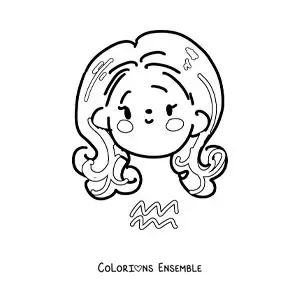 Image à colorier d'une fille kawaii toute mignonne du signe du Verseau