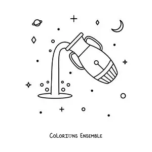 Image à colorier du symbole du Verseau entouré d'astres