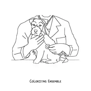 Image à colorier d’un vétérinaire auscultant un chien