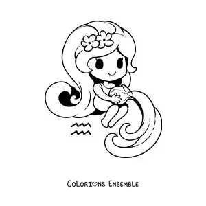 Image à colorier d'une petite fille kawaii toute mignonne du signe du Verseau