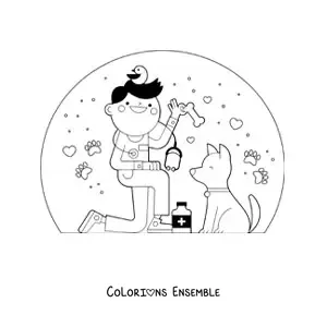 Image à colorier d’un vétérinaire en dessin animé à côté d’un chien