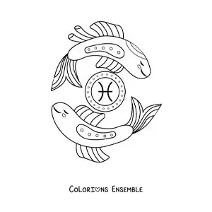 Image à colorier de poissons rigolos du signe des Poissons avec son symbole