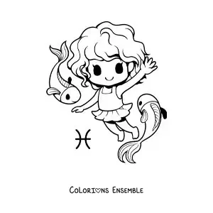 Image à colorier d'une fille kawaii toute mignonne du signe des Poissons avec deux poissons