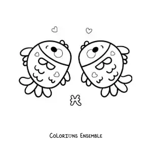 Image à colorier de deux poissons kawaii du signe des Poissons