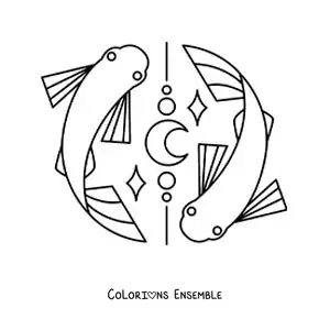 Image à colorier des poissons rigolos du signe des Poissons avec une lune