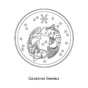 Image à colorier des poissons rigolos des Poissons avec des étoiles et son symbole