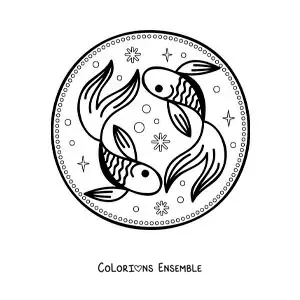 Image à colorier de deux poissons rigolos du signe des Poissons avec des étoiles pour les enfants