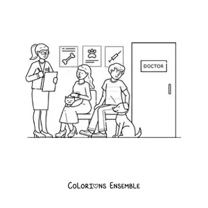 Image à colorier de patients dans la salle d’attente d’une clinique vétérinaire
