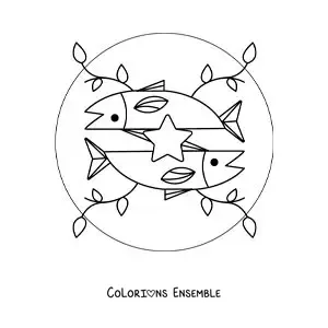 Image à colorier du symbole rigolo du signe des Poissons avec des feuilles