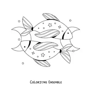 Image à colorier des deux poissons du signe des Poissons avec des étoiles