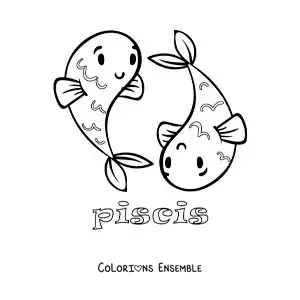 Image à colorier d'un dessin du signe des Poissons avec son nom pour les enfants