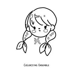 Image à colorier d'une fille kawaii du signe des Poissons