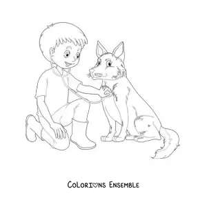 Image à colorier d’un petit garçon habillé en vétérinaire auscultant un chien