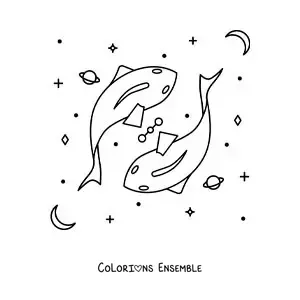 Image à colorier du symbole du signe zodiacal des Poissons entouré d'astres