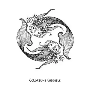 Image à colorier du symbole du signe zodiacal des Poissons avec des fleurs