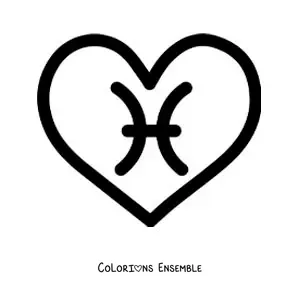 Image à colorier du symbole des Poissons tout simple dans un cœur
