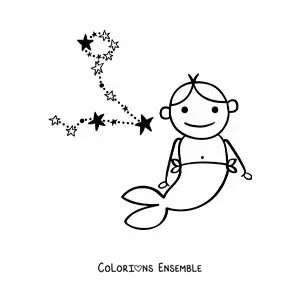 Image à colorier d'un dessin sur la mythologie du signe des Poissons et de sa constellation