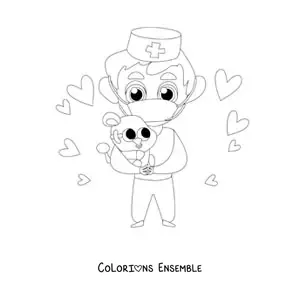 Image à colorier d’un vétérinaire en dessin animé portant un koala