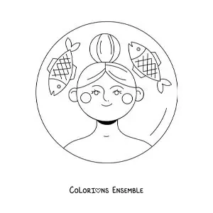 Image à colorier d'une fille toute mignonne du signe des Poissons