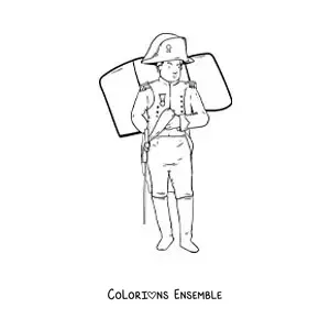 Image à colorier de Napoléon Bonaparte tout mignon avec le drapeau de la France