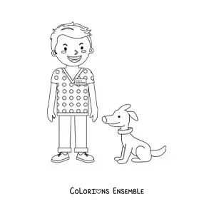 Image à colorier d’un vétérinaire en dessin animé à côté d’un chien
