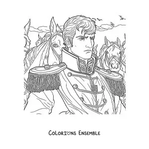 Image à colorier de Napoléon Bonaparte dans une bataille, dans un style réaliste