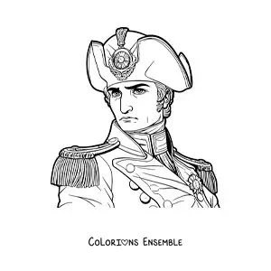 Image à colorier d'un portrait réaliste de Napoléon Bonaparte avec son chapeau
