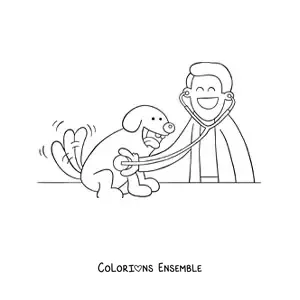 Image à colorier d’un vétérinaire en dessin animé examinant un chien