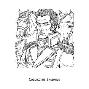 Image à colorier de Simón Bolívar dans une bataille avec des chevaux