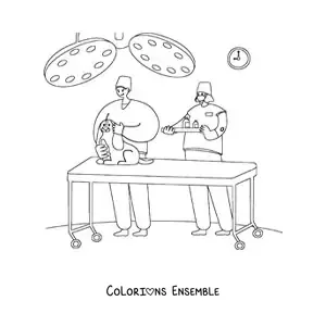 Image à colorier d’un chien et de deux vétérinaires au bloc opératoire